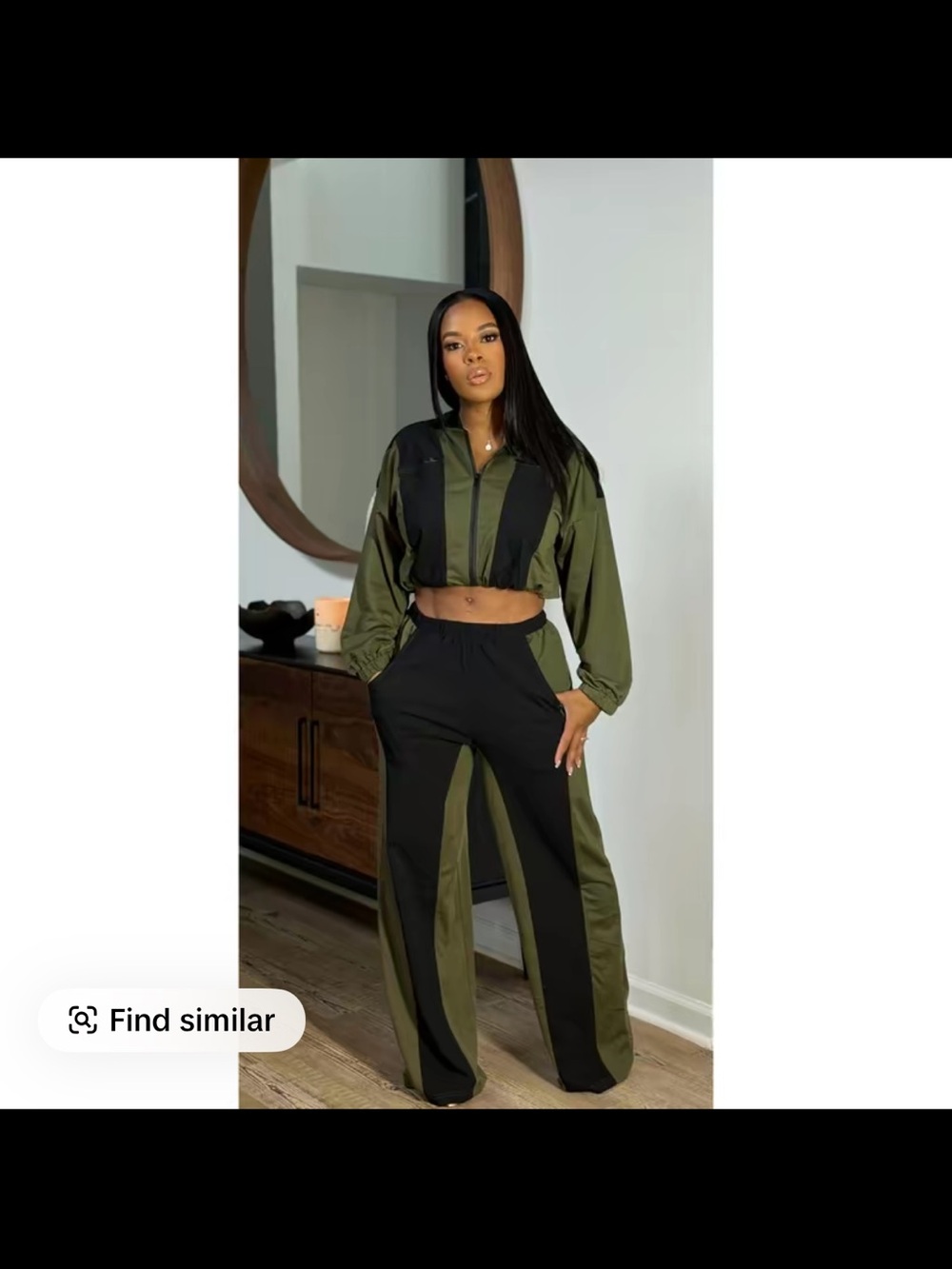 Olive & Black Colorblock Crop Jacket and Wide-Leg Pants Set medium